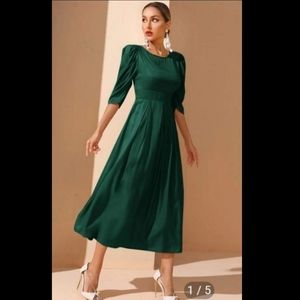 NWOT Shiny Forest Green Tea Length Dress with Puff Sleeves